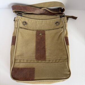 Green with Brown Faux Leather Canvas Messenger Style Crossbody Bag